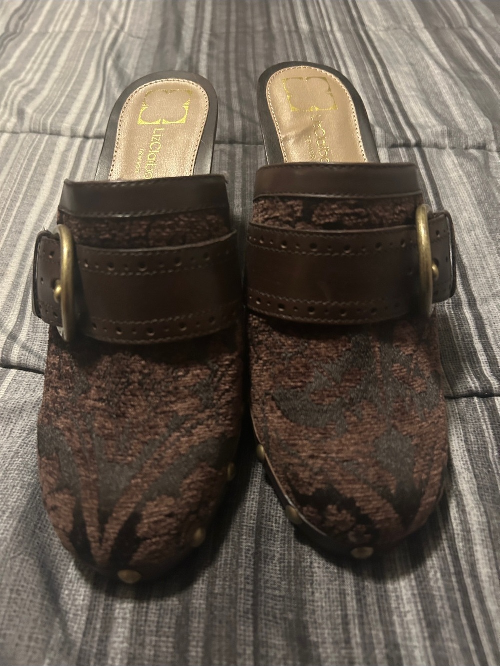 Liz Claiborne Brown Floral-Patterned Buckle Mules